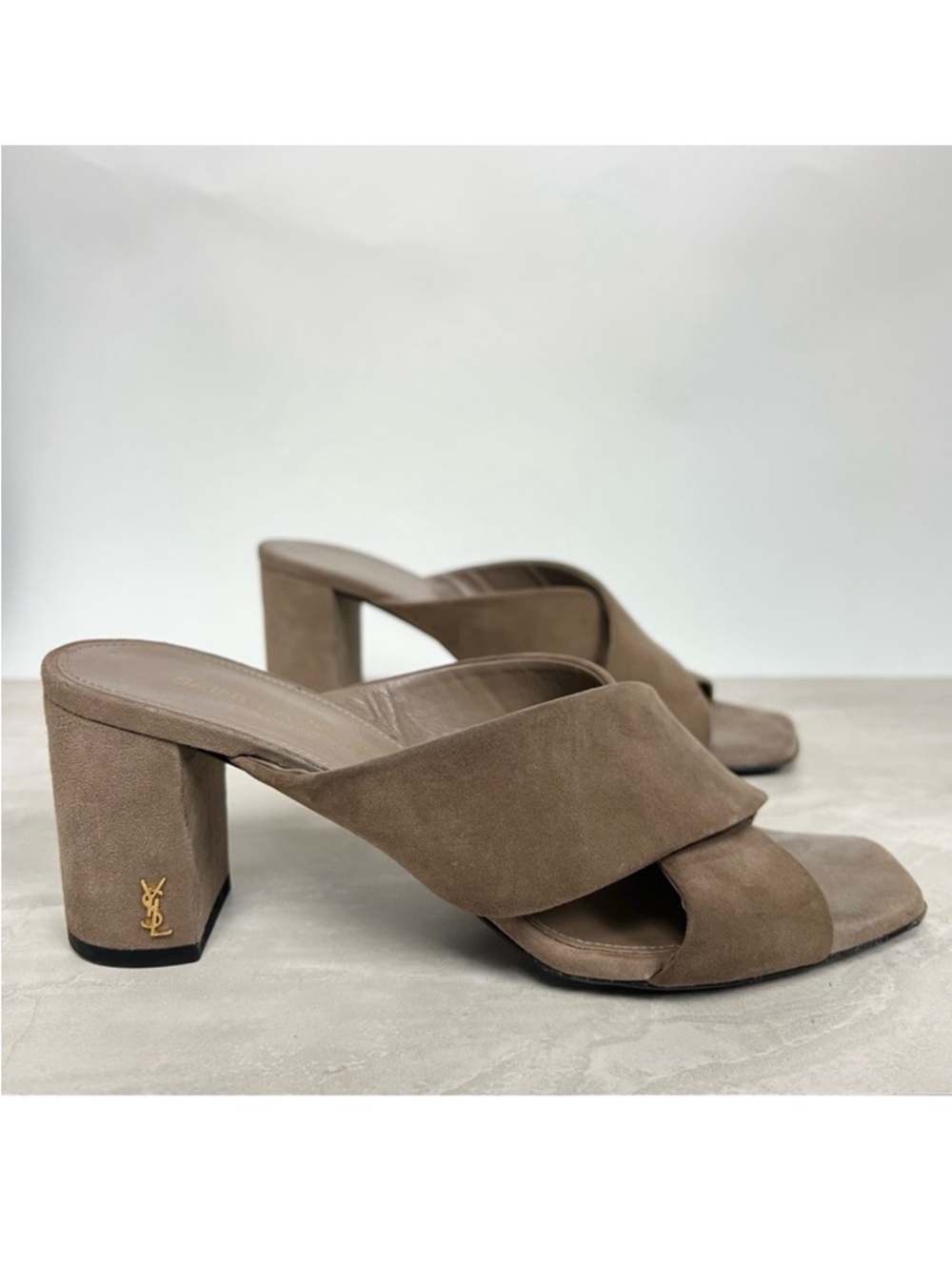 Saint Laurent Taupe Suede Crisscross Block Heel Mules with Gold YSL - Picture 1 of 13